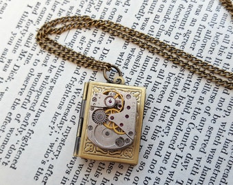 Steampunk necklace watch movement, brass locket, vintage mechanism, bronze chain