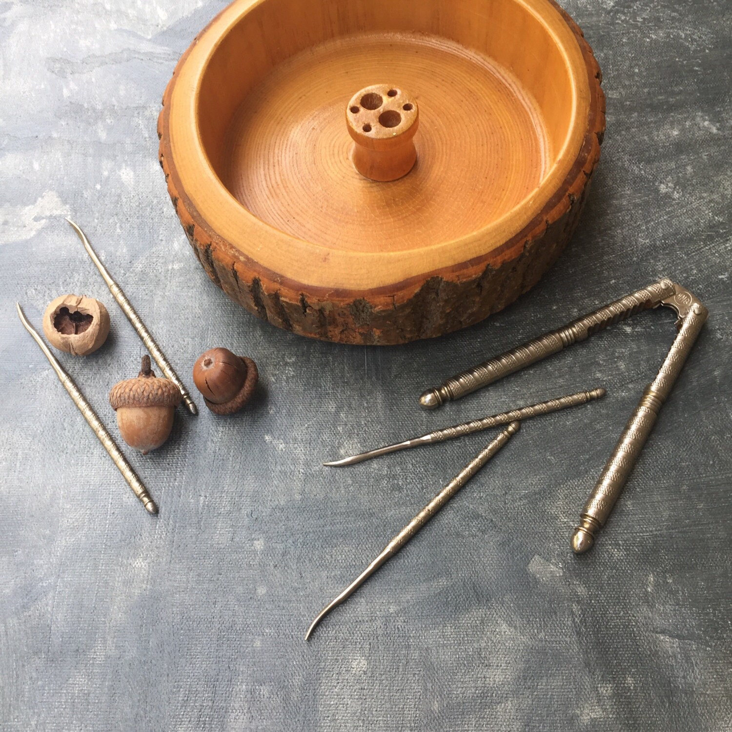 Vintage Mid Century Nut Cracker Bowl Tree Bark Wood Bowl