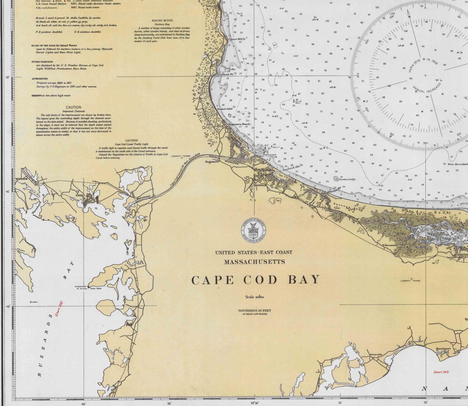 Cape Cod Bay 1933 Nautical Map 80000 AC Reprint Chart