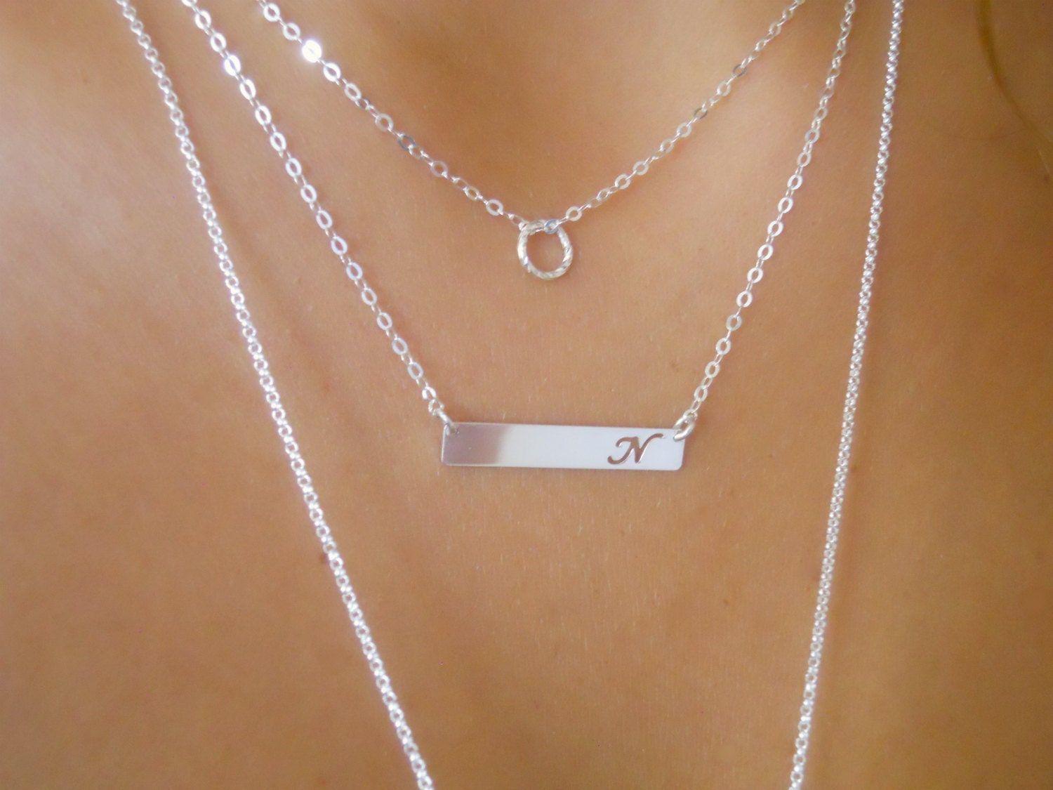 Silver Personalized Bar Necklace Cut Out Letter Initial Bar