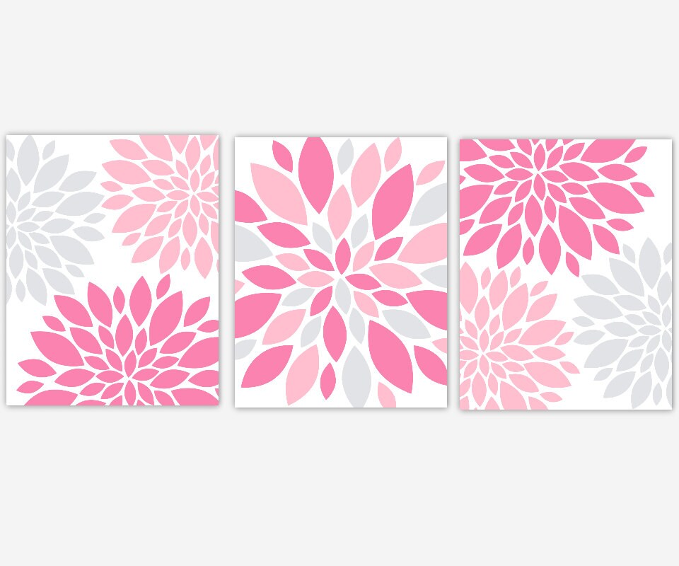 Baby Girl Nursery Wall Art Pink Gray Flower Burst Dahlia Mums