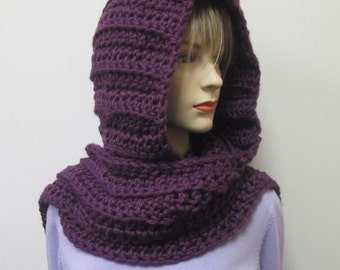 Purple Crochet Hooded Scarf, Hoodie Scarf, Hooded Scarves, Scoodie Scarf, Hat Scarf, Hooded Wrap Scarf, Long Fall Scarf, Elizabeth B3-038