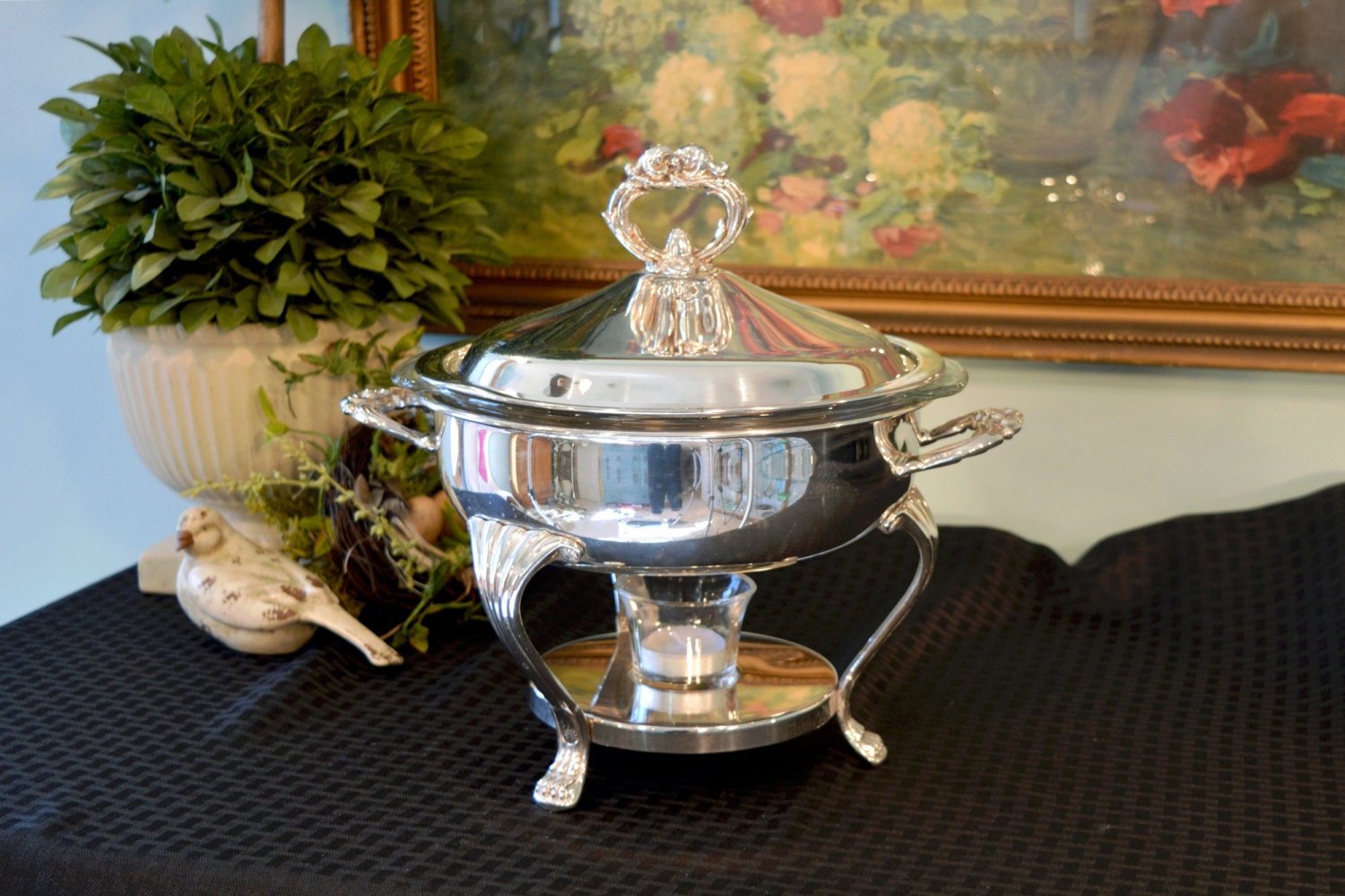 Silver Chafing Dish Chafing Stand with Glass Baking Dish & Silver