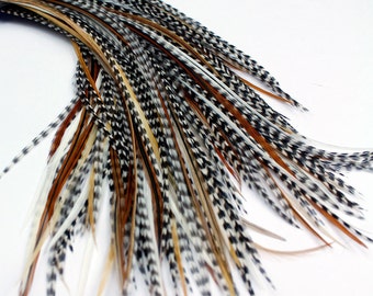 Real Feather Hair Extensions : 25 Short Skinny 7-9 inch Mixed Naturals + Rings / Loop