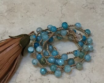 Blue Quartz Crochet Necklace With Tassel Pendant - Bohemian Style