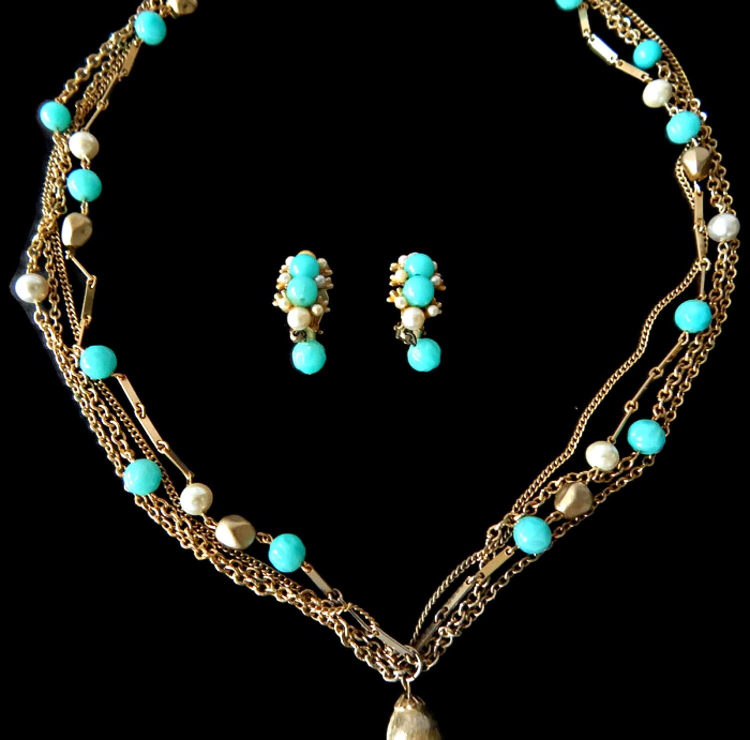 Turquoise Pearl Necklace Earrings Set Signed by