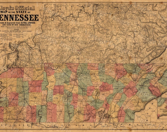 Old map of Tennessee (1862) Tennessee map, Vintage Restoration Hardware Style Tennessee map, Large Tennessee Kentucky wall Map wall art