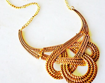 Gold Love Knot Necklace, Statement Necklace, Vintage Bib Necklace, Choker Necklace, Retro Necklace