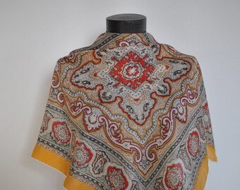 Écharpe Vintage En Soie - Imprimé Floral Tons Terre - Ourlet Roulé - Occasion