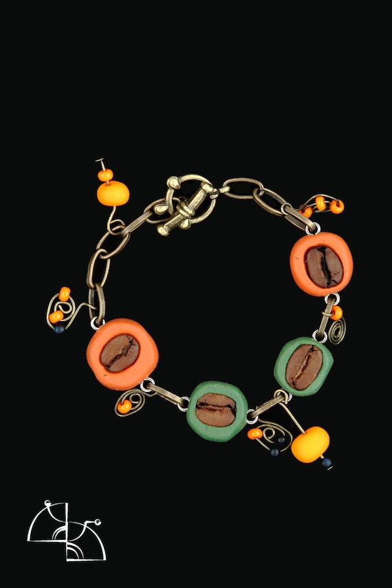 Funny Coffee Jewelry. jewelry set, coffee necklace, green earrings, coffee bracelet. Cool gift for coffee lover.