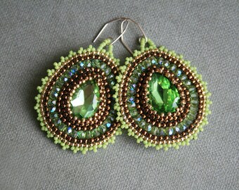dangle earrings, drop earrings, seed bead earrings, beaded earrings, green beaded earrings, long earrings, native bead earrings for her