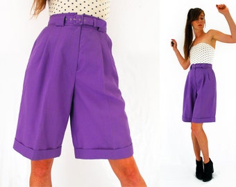 80s culottes, purple culottes, high waisted shorts, 90s long shorts, jaques vert, oversized shorts, Hipster, Small, medium, UK 10 - 12