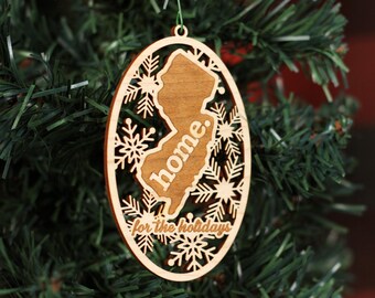 Engraved New Jersey Wood Christmas Ornament