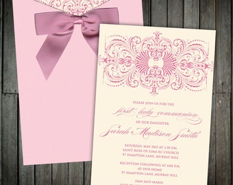 An Elegant Pink Pocket Communion Invitation With a Dusty Rose Bow- An ornate motif adorns this exquisite design
