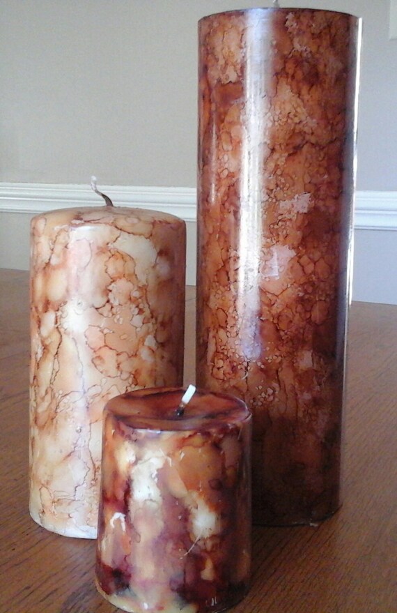 Set of 3 alcohol ink brown candles