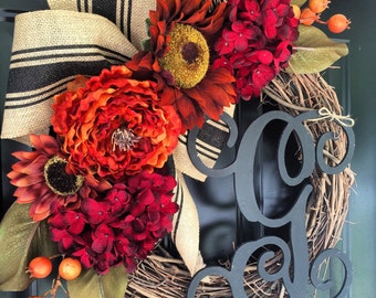 Luxe Fall Wreath - Sunflower Hydrangea Berry Pumpkin Magnolia Burlap Monogrammed Wreath -Wreaths - Fall Decor-Housewarming Gift -Gifts