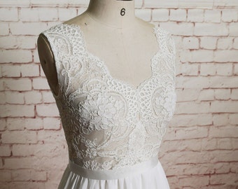 Sheer Ivory Lace Bodice Wedding Dress with A-line Chiffon Skirt
