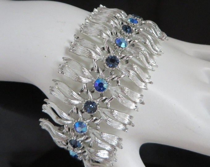 Lisner Blue AB Rhinestone Bracelet, Estate Vintage Egyptian Revival Silver Tone Bracelet