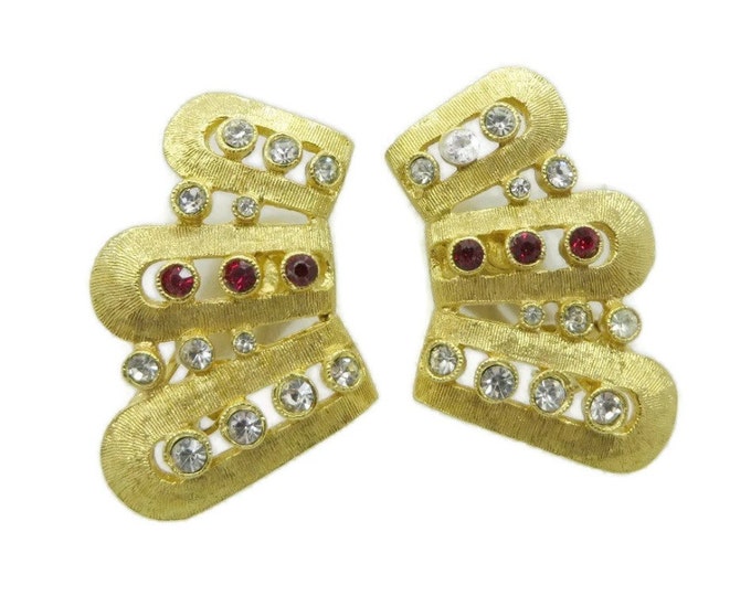 Hattie Carnegie Rhinestone Fan Earrings, Vintage Gold Tone Red White Rhinestone Clip-on Earrings