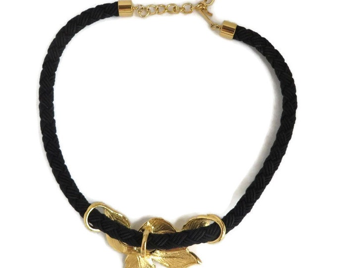 Gold Tone Leaf Braided Choker, Vintage Black Braid Necklace, Slide Pendant, FREE SHIPPING
