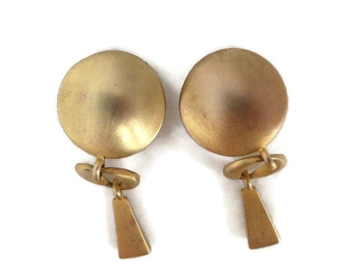 Matte Gold Tone Button Earrings, Vintage MOD Dangling Clip-on Earrings