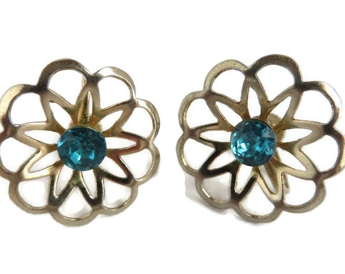 Vintage Atomic Gold Tone Earrings, Aqua Rhinestone Starburst Screwback Earrings