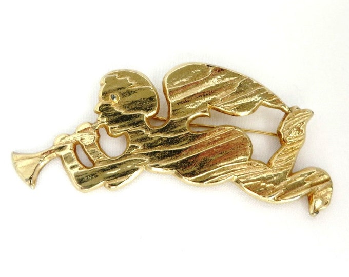 Vintage Brooch - Castle Cliff Flying Angel Brooch, Gold Tone Angel with Horn Pin, Christmas Gift