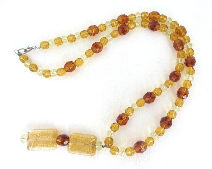 Vintage Amber Glass Pendant Necklace, Amber, Gold and Clear Bead Necklace