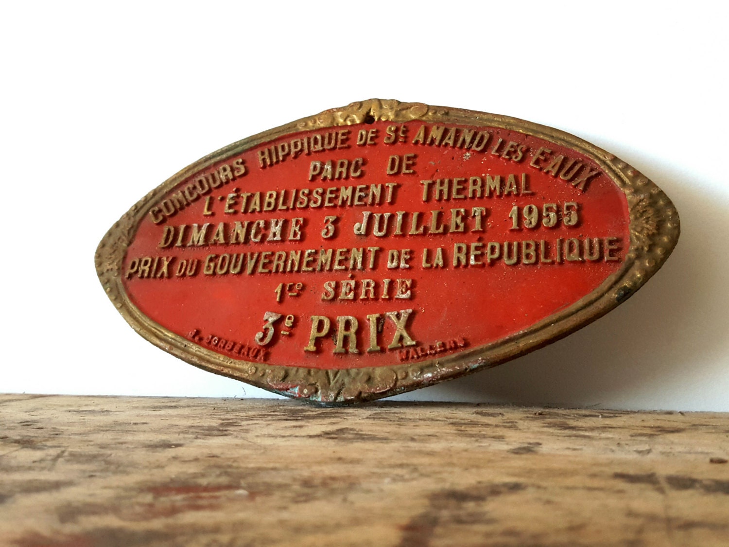 Vintage French metal sign Award Plaque red cast metal