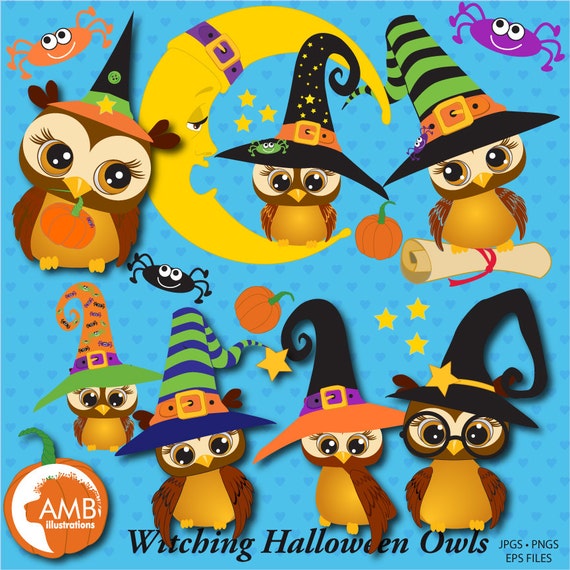 Halloween Clipart, Witch Owls clipart, Owls Clipart, Owl and Moon Clipart, Spiders Clipart, Pumpkin Clipart, Commercial Use, AMB-300 Il_570xn