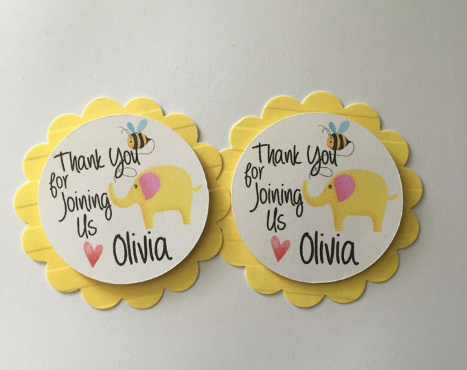 Set of 12 Thank You Tags Personalized. First Birthday Little Elephant Thank You Tags. In Yellow with Pink. Party Treat Tags. Favor Tags