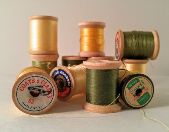 Download Vintage Sewing Thread. Yellows and Greens 11 Wooden Spools. Clarks, Co. Coats & Clark, Belding ...