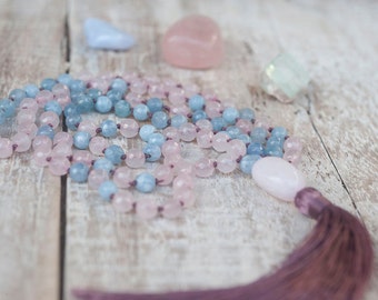 Serenity Mala - Angelite Necklace - Yoga 108 Mala - 108 Mala Beads - Tassel Necklace - Rose Quartz 108 - Angelite Mala - Reiki Mala - Pastel