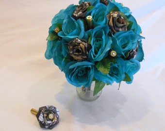 Camo Wedding Bouquet, Camo Bridal Bouquet, Mossy Oak Camo, Turquoise Bouquet, Teal Bouquet, Camo Wedding, Bullet Shells, Alternative Bouquet