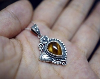 Sterling Silver Flower Tiger's Eye Necklace - Antique Genuine Stone Tiger's Eye Jewelry - Yoga Necklace - Silver Flower Necklace