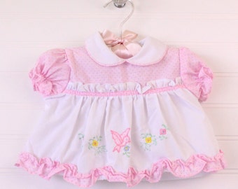 Vintage baby dress. Baby Pink with white apron, birdies and flower decal, Cradle Togs sz for 0-6 Mo