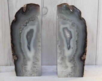 Vintage Pair of Agate Goede Bookends, Vintage Polished Stone Book Ends, Vintage Split Rock Bookends