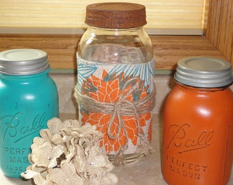 Mason Jar Kitchen Canister, Rustic Canisters, Storage Jars, Orange and Turquoise Kitchen Decor, Vintage Mason Jars, Painted Mason Jars