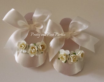 10 Elegant Ivory Satin & Rose Embellished Ballet Slipper Paper Shoe Favor Boxes
