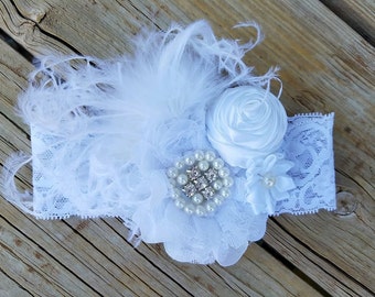 Over the top white headband*First Birthday headband*Photography prop*Rhinestone & lace headband*White Birthday headband*Feathered headband
