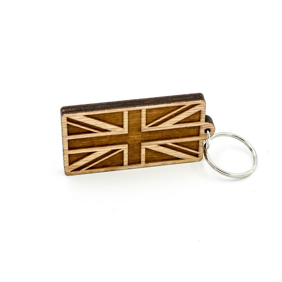 British Flag Keychain Union Jack Flag Carved Wood Key Ring