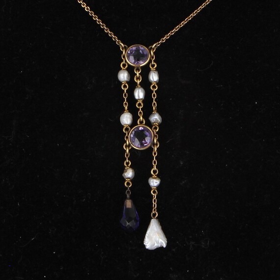 Antique Victorian Drop Necklace Amethyst Pearl 10 Karat Gold