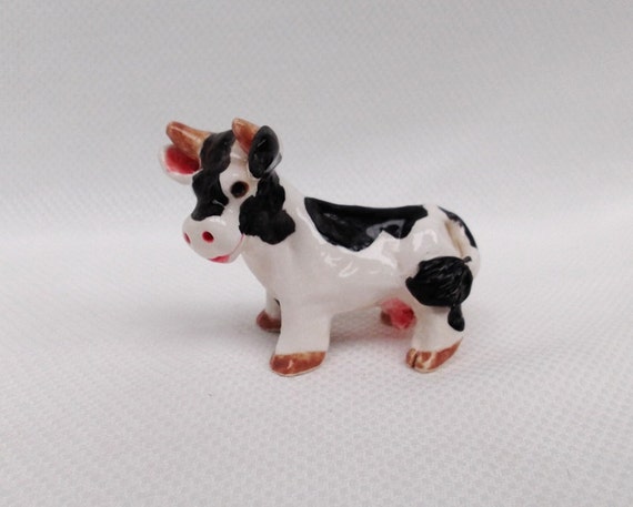 Ceramic Holstein Cow Handmade black and white cow miniature