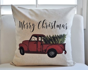 SALE, Christmas pillow cover, Christmas decor, Christmas Tree, Merry Christmas pillow, hand drawn, Vintage christmas, red Christmas truck