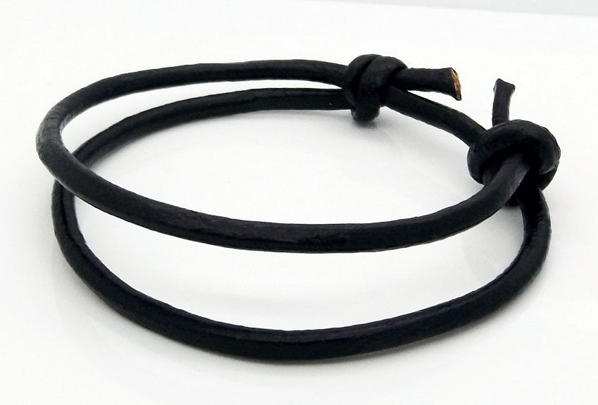 Black Leather Cord Wristband Adjustable Sliding Knot Men's