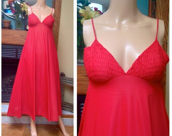 Vintage Mr Jac Jr Red Nylon Full Sleep Plunging Goddess Gown Sheer Slip XS S