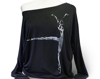 Flowy Black Ballet Shirt Titled "Arabesque Variant". Long Sleeve Off The Shoulder Dance Warm Up Top. Ballet Top For Cover up Over Leotard.