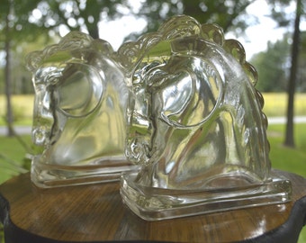 Vintage Glass Hollow Horse Head Bookends (Pair)