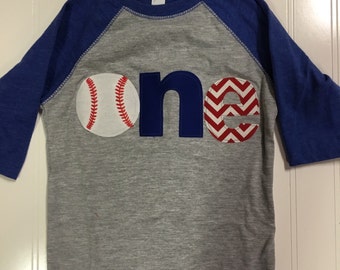 One baseball raglan shirt, royal blue first birthday baseball theme shirt, 1st birthday sports shirt, baby raglan shirt, blue red chevron