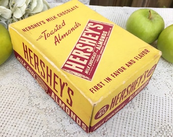 Antique Hershey's Almonds Chocolate Candy Bar Box, Advertising, Decorative Storage display, candy, Yellow Red